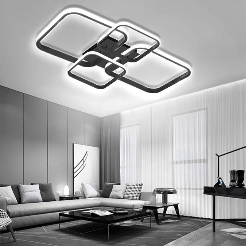 LED Ceiling Light Living Room Lighting Square 4 Heads Black and White Lamps Living Room Study Home Decor Fixture Lustre