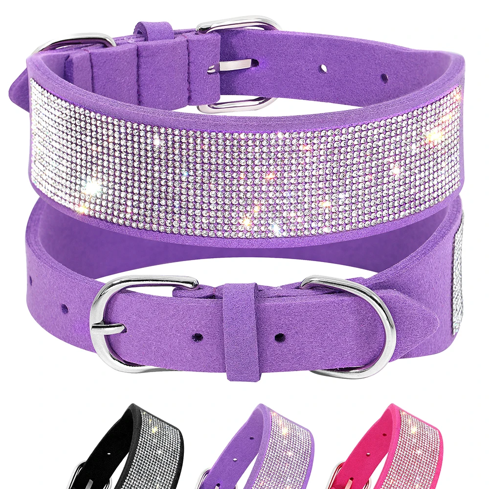 Soft Rhinestone Dog Collar Bling Crystal Wide Pet Collar Suede Diamond