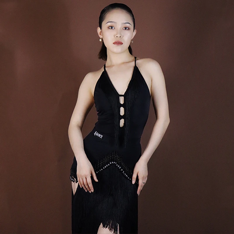 

Black Tassels Latin Dance Tops Women Sexy Dancewear Adult Practice Clothes Cha Cha Salsa Performance Costume Leotards DNV17069