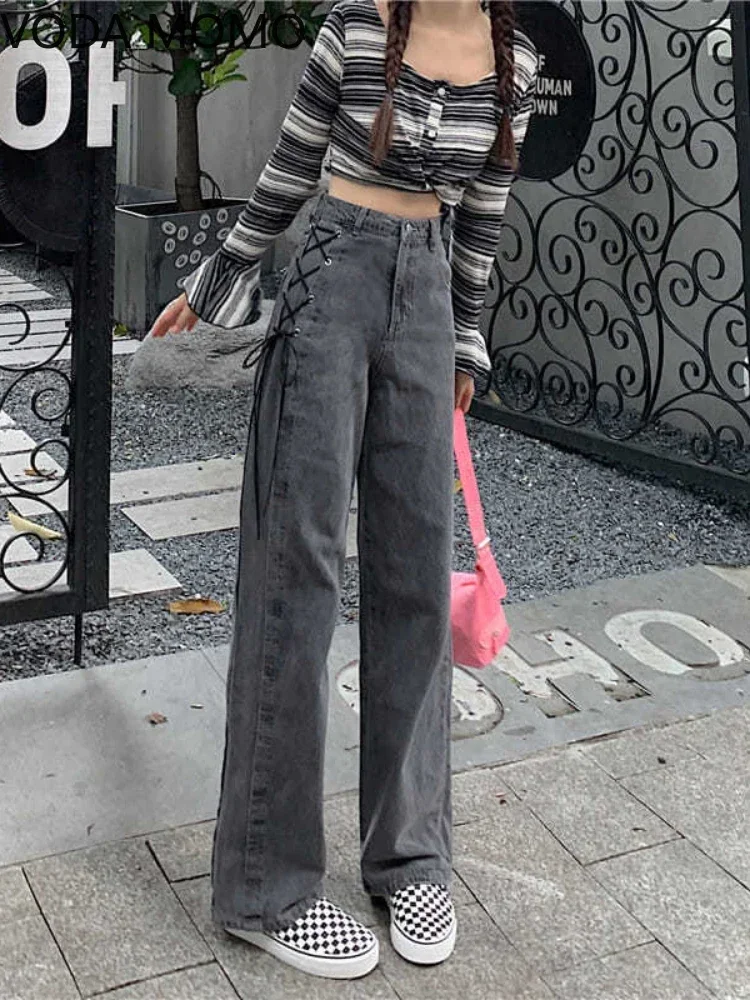 spring 2023 womens  high waist lace up straight Women\'s Wide leg jeans baggy woman denim capris Pants jean mom jeans trousers