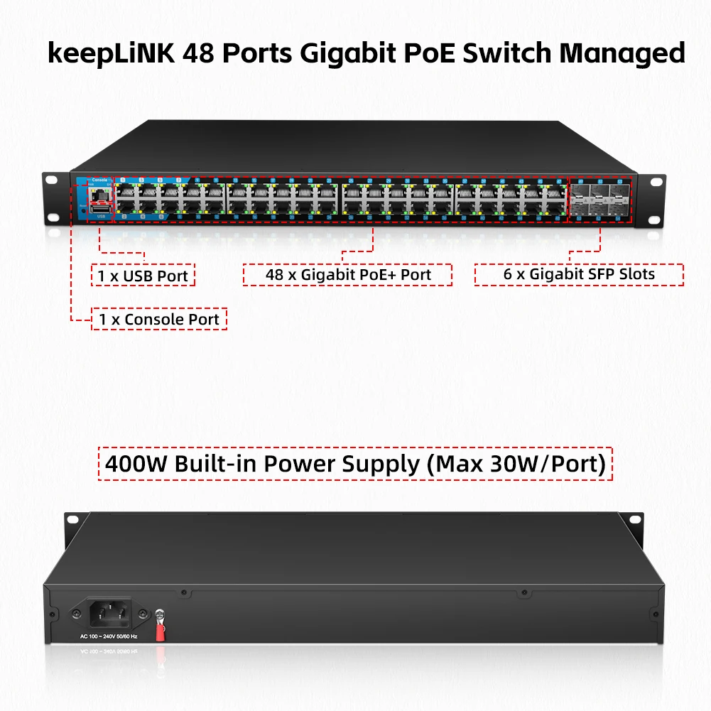 KeepLiNK 기가비트 관리 스위치, 48-PoE 포트, 6-10G SFP + 업 링크 포함, 48 포트