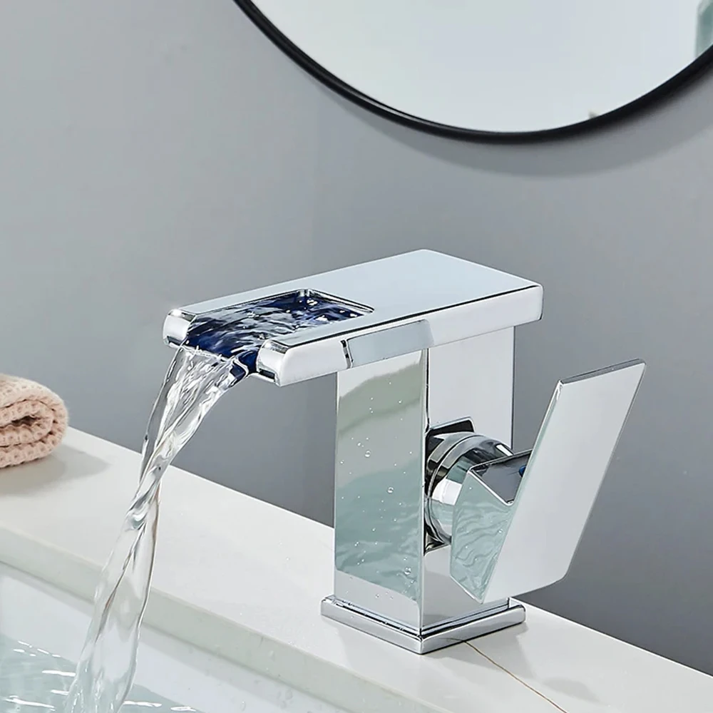 Grifo De Baño Negro Con Luz LED Cambiante - Grifo Cascada Monomando, Incluye Tubos De 60cm - Azul=frío, Verde=tibio, Rojo=caliente