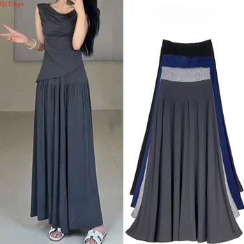 Summer New Style Women's Black High-waisted Full-length Skirt, Stretchable Blue Pleated Decorative Dress. 1