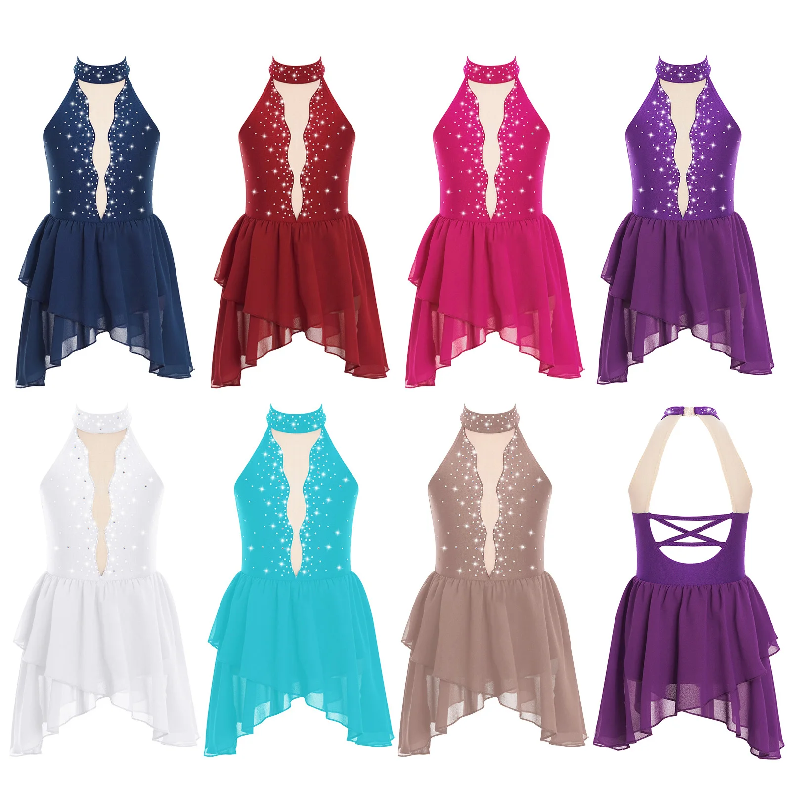 Girls Figure Skating Dress Lyrical Dance Ballet Gymnastics Performance Dancewear Sleeveless Rhinestone Mesh Leotard Dresses - 4