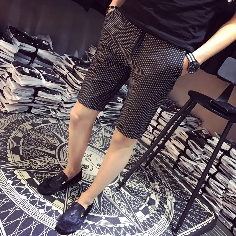 2023 Summer New High Street Striped Pockets Drawstring Straight Pants Man Korean Style Slim Thin Style Street Knee Length Shorts