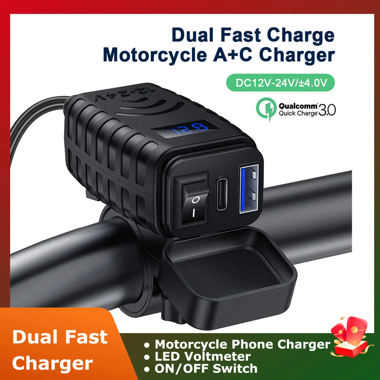 High-Power Waterproof Motorcycle USB Charger with Voltmeter & ON/Off Switch