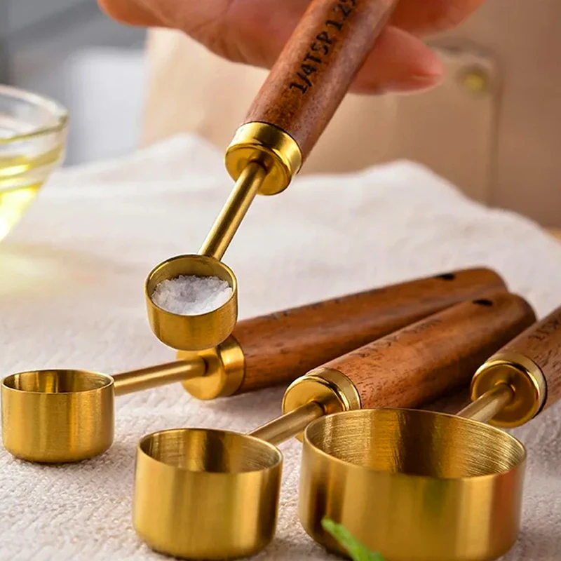4PCS/8PCS Wooden Handle Measuring Cups And Measuring Spoons Stainless Steel Golden Measure Spoon And Measure Cup Set kitchen measuring spoons measuring spoon set measuring cup and spoon set