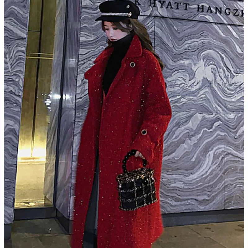 

Women Winter Long Red Hepburn Knee Length Loose Jacket Female Fragrance Black Bright Silk Milky Way Woolen Blends Coat