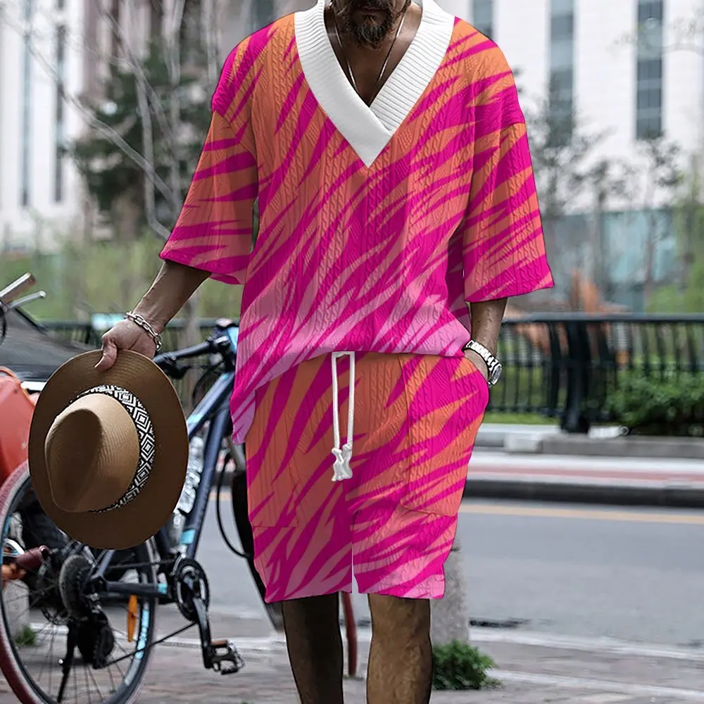 

2024 Casual Fashion Men's Set Summer New 3D Printed Men's Clothing Loose V-neck Half-sleeve T-shirt And Shorts Two-piece Set