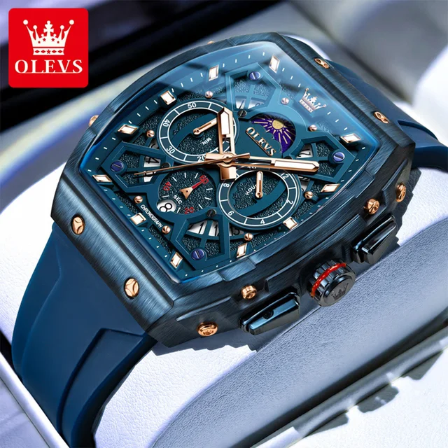 OLEVS 2942 Men's Watch Top Brand Luxury Quartz Watch High End Tonneau Large Dial Hollow Watch Waterproof Moonphase Men Watch