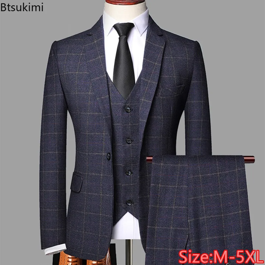 New Men's Three-pieces Fashion Plaid Slim Business Party Formal Elegant Blazer Sets (Jacket+Pants+Vest) Prom Wedding Groom