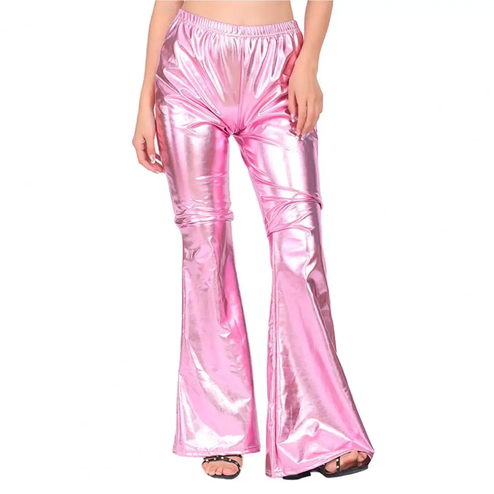 Women's Shiny Metallic Flare Pants High Waisted Bell Bottom Disco