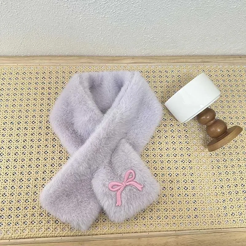 Embroidered Bow Baby Plush Scarf Winter Warm Children Neckerchiefs Korean Kids Cross Neck Covers Sweet Girl Fur Collars