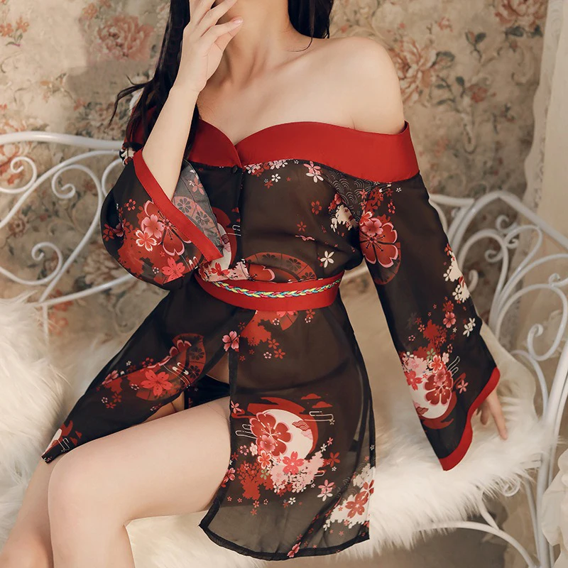 Sexy Japanese Kimono Pajamas Dress Lingerie See Through Seducing Temptation Uniform Private Performance Anime Copslay Halloween