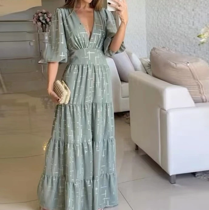 

New Fashion 2024 Summer Casual Sexy Dresses for Women Elegant Retro V-Neck Fashion High Waist Printed Dress Female Clothing