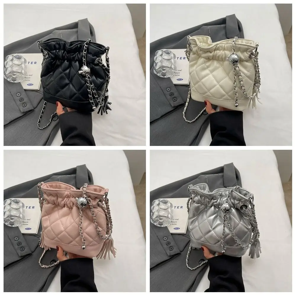Pu Leather Rhombic Lattice Chain Shoulder Bag Check Tassel Crossbody Bag Underarm Bag Messenger Bag Drawstring Bucket Bag