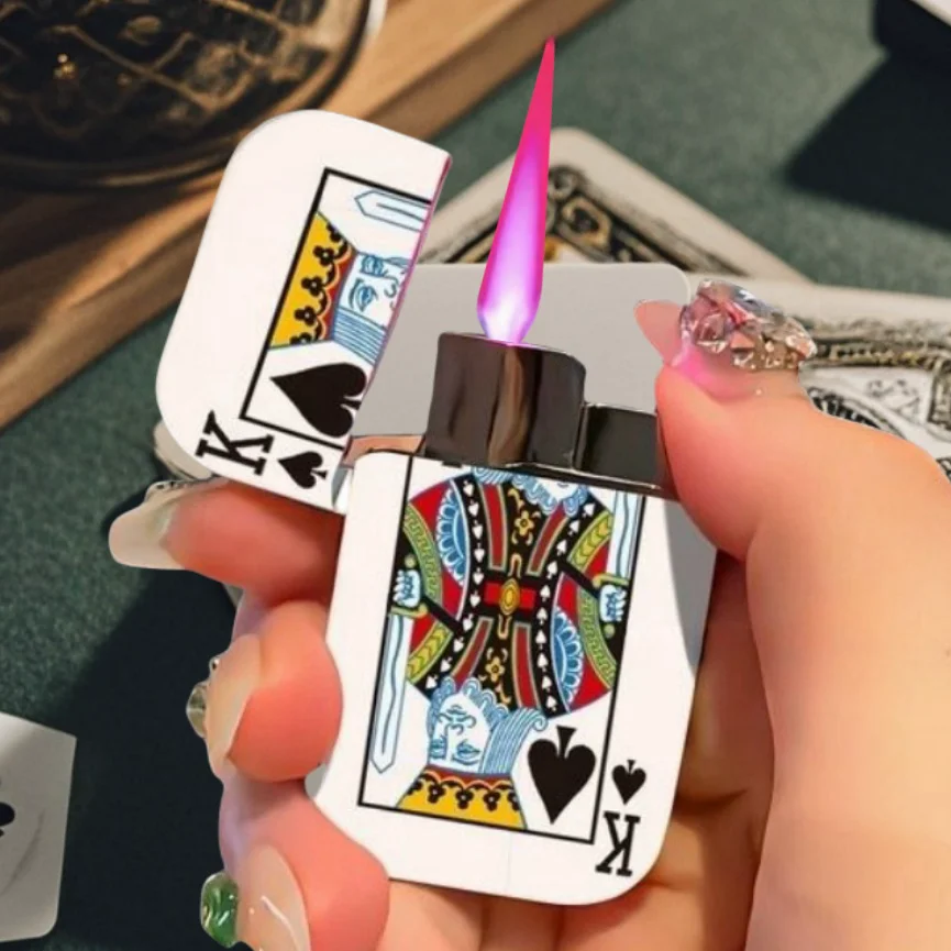 NEW Funny Metal Lighter Windproof Pink Flame Spray Poker Pattern Cute Lighter Smoking Accessories Gift for Men