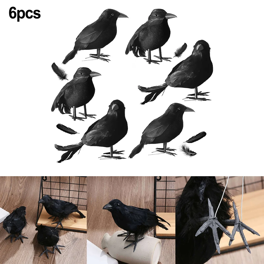 

6Pcs Plastic Simulation Crow With Feather Wings Raven Model Halloween Prop Feather Crow Bird Black Crow Toy Halloween Decor