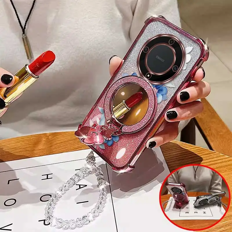 Stylish Floral Phone Accessory Set: Case, Lanyard & Circular Stand