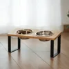 Tall cat bowl rack stainless steel double bowl wrought iron solid wood bamboo cat food bowl small dog rice bowl 3