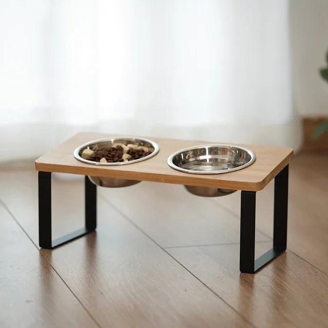 Tall cat bowl rack stainless steel double bowl wrought iron solid wood bamboo cat food bowl small dog rice bowl 3