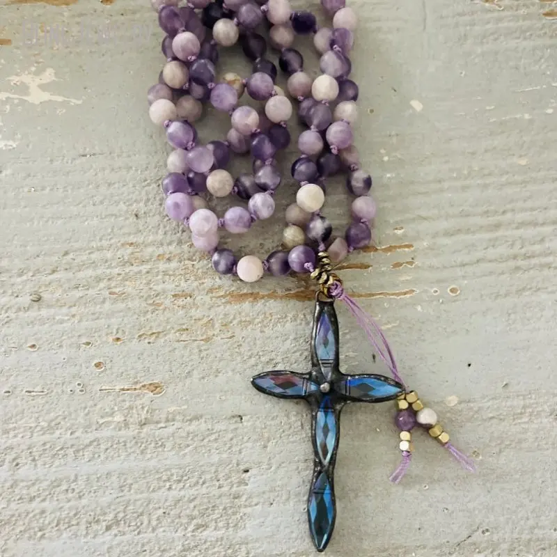 10pcs Purple Gemstone Matte Amethyst Boho Sari Silk Tassel Cross Pendant Necklace Women Accessories Aesthetic Y2k Jewelry