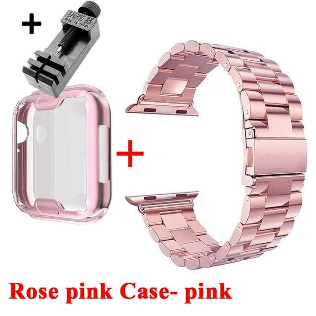 Watch Case+Strap For iWatch Band 38mm 42mm Steel Metal Bracelet For Apple Watch 7 44mm 40mm SE Series 6 5 4 Cover Band 45mm 41mm rose pink-rose pink