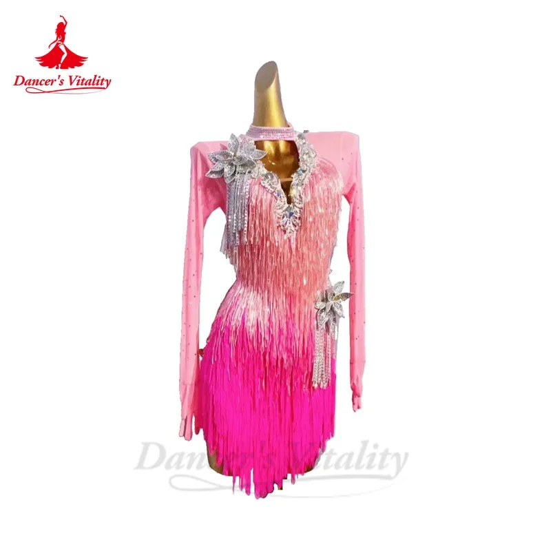 

Latin Dance Dress for Women Full Stones Long Sleeve Rumba Chacha Tango Performance Tassel Dress Custom Adult Child Latin Dresses