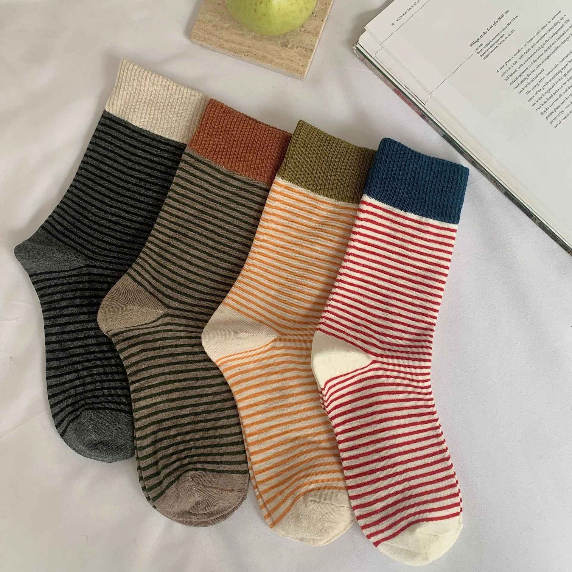 

Women Socks Cotton Matching Striped Korean Style Socks For Girls Gift Ladies Street Vintage Women's Middle Tube Short Crew Socks