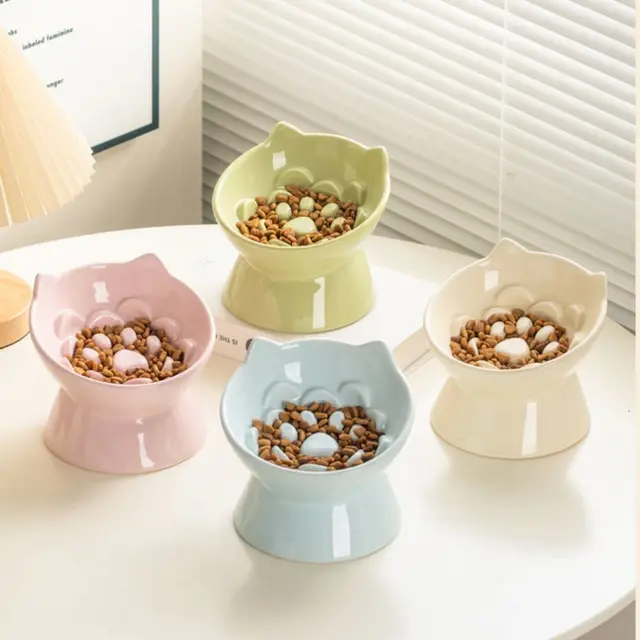 Ceramic Cat Slow Food Bowl Cute Slanted Mouth Dog Feeding Basin Creative Large Capacity Pet High Foot Bowl Kitten Puppy 4