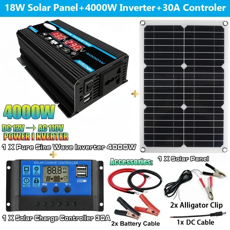 12V to 110V/220V Solar Panel System Solars Panels + 4000W Inverter Kit Battery Chargers Controller Complete Power Generation solar panel kit solar controller grid solar inverter