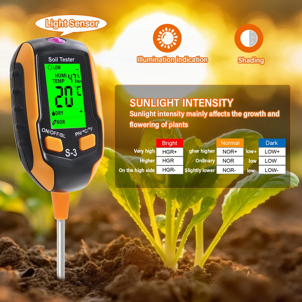 Yieryi 6 IN 1 Soil PH Meter Farm Garden Soil Humidity Salinity TEMP Tester lllumination Ambient Humidity Test Detector Monitor