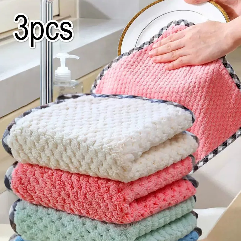 

3PCS Kitchen Coral Velvet Dish Towel Rag Non-stick Oil Dish Cloth Double-sided Absorbent Thickening Scouring Pad