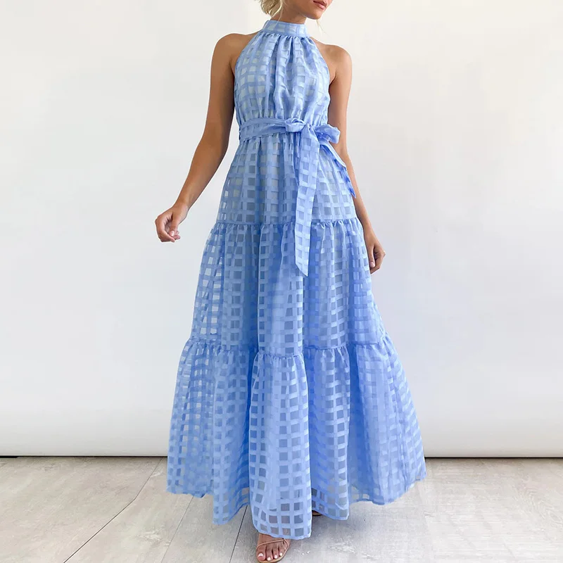 

2023 Spring Summer Sleeveless Hem Long Dress Sexy O Neck Grid Mesh Lace Party Maxi Dress Women Lace-up Bow Loose Pleated Dresses