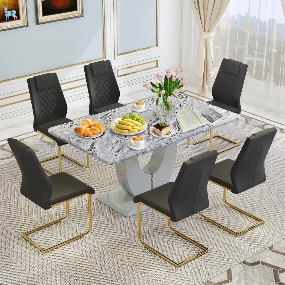 Modern Dining Table Set Rectangula Kitchen Table Set with Faux Marble Tabletop＆ Pu Leather Upholstered Chairs Ideal for  Kitchen 3