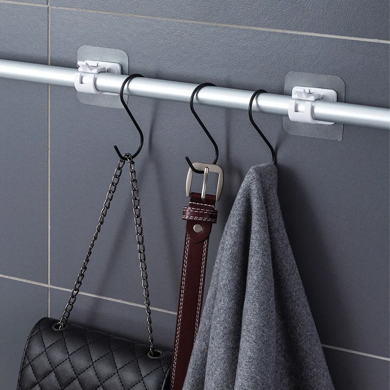 Rod Clip Self Adhesive Clamp Hook Holder Wall curtain pole bracket Hanging Pole Bottom Bracket Nail-Free Wall Hanging Clip