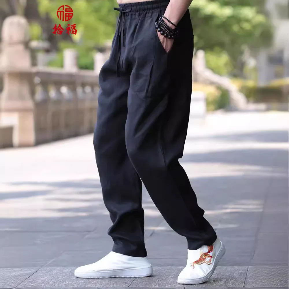 Mens Cotton Linen Summer Pants High Elastic Waist Wide Leg Trousers