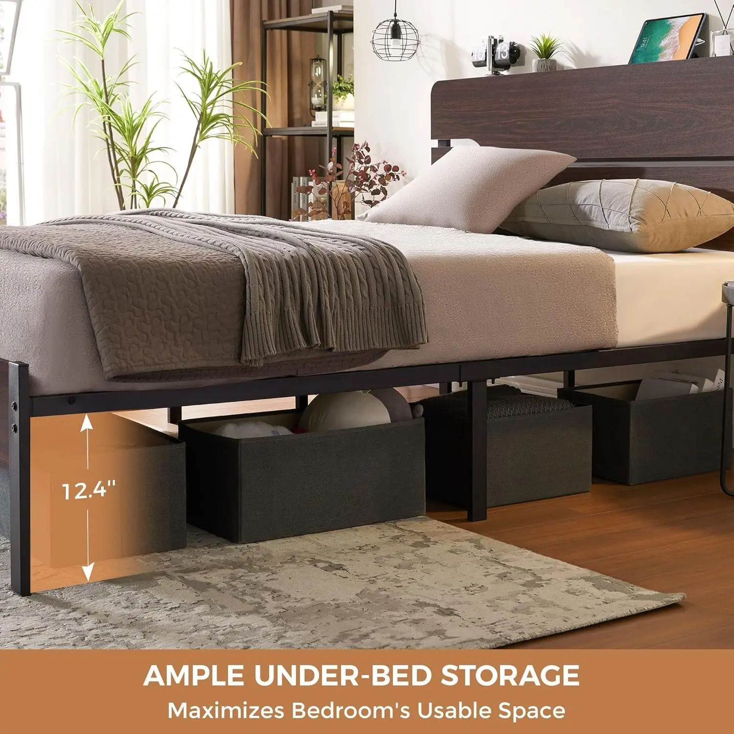 Queen Bed Frame with Headboard and Charging Station, Industrial Platform Bed with 12.4" Underbed Space, Metal Slats Support