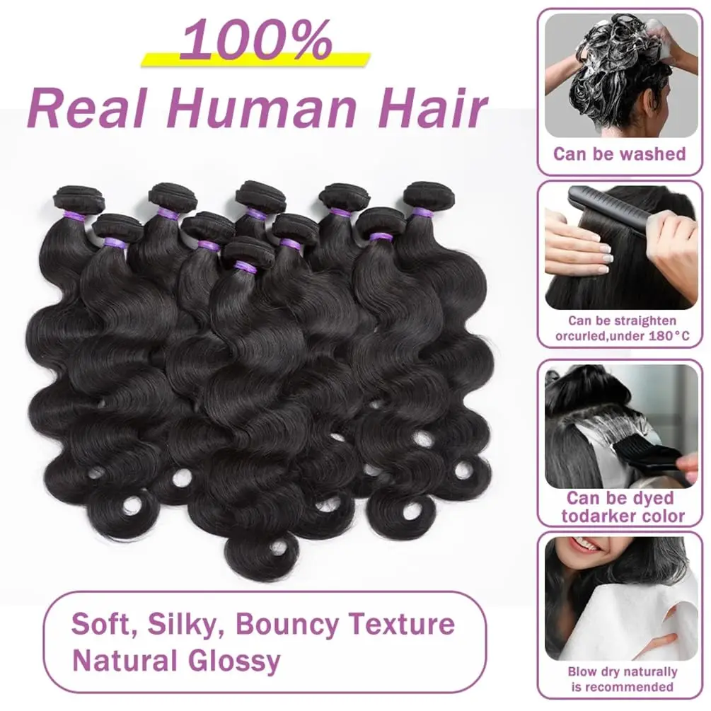 Human Hair Bundles with Closure Body Wave Brazilian Virgin Human Hair Weave 3 Bundles with 4x4 Lace Closure Natural Black Color 3