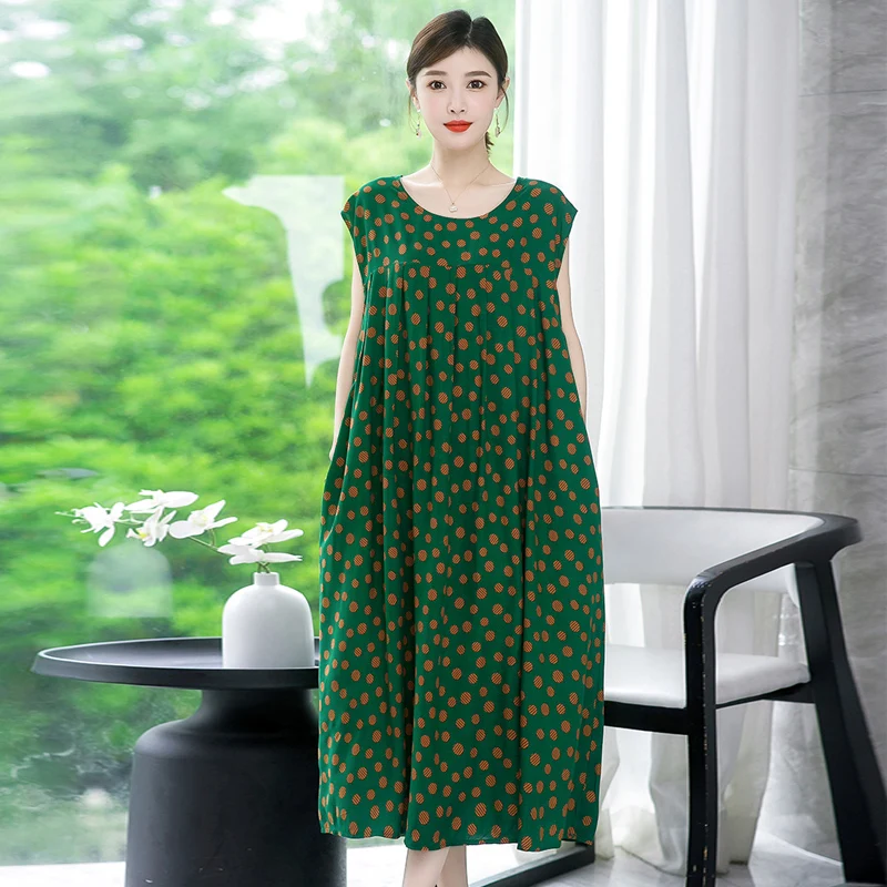 Middleaged Women Dresses Casual Summer Women's Sundress Vintage 2022 New Loose O Neck Elegant
