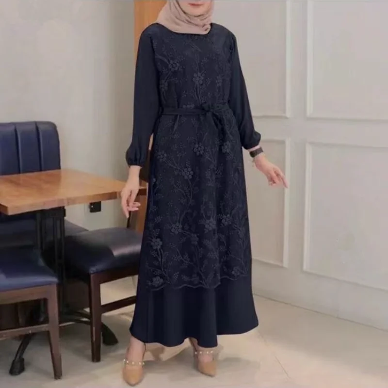 Islam Abaya Dress Round Neck Lace Abayas for Women Long Sleeve Waist Loose Long Ladies Dress