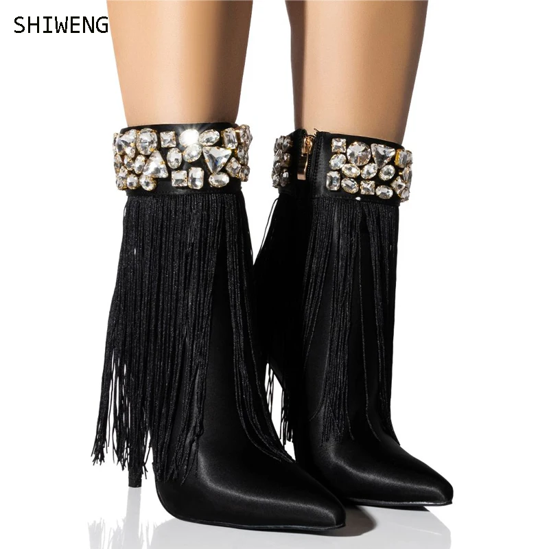 

2023 Luxury Orange Pointed Toe Fringe High Heel Boots Fashion Thin Heel Mid-Calf Fashion Gem Boots Party Gladiator Long Boots 44