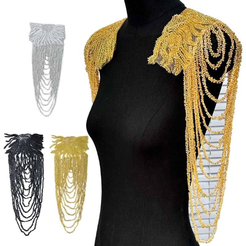 Handmade Detachable Tassels Chain Epaulettes Beads Punk Fringed Shoulder Board Badge Epaulet for Party Wear and Special Occasion