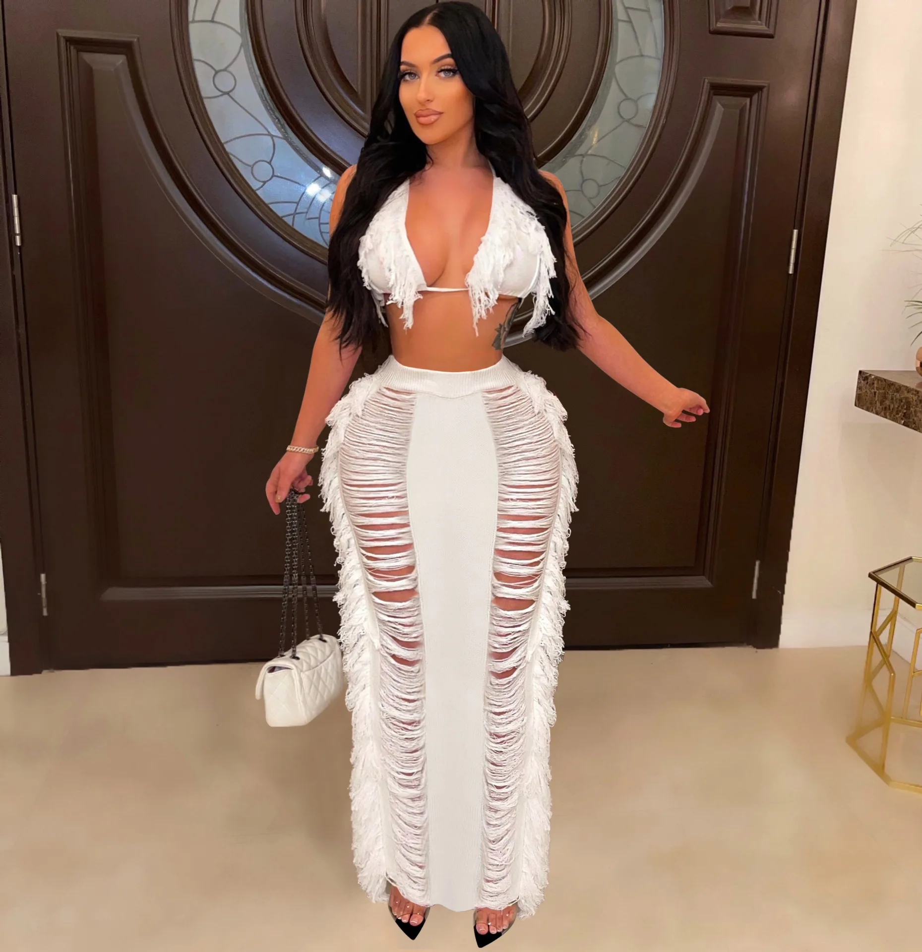 Women Beach Outfit Summer Fashion Knitted Tassel Halter Backless Bra And Skirts 2 Piece Set Swimwear Beachwear  Bikini Skirt Set