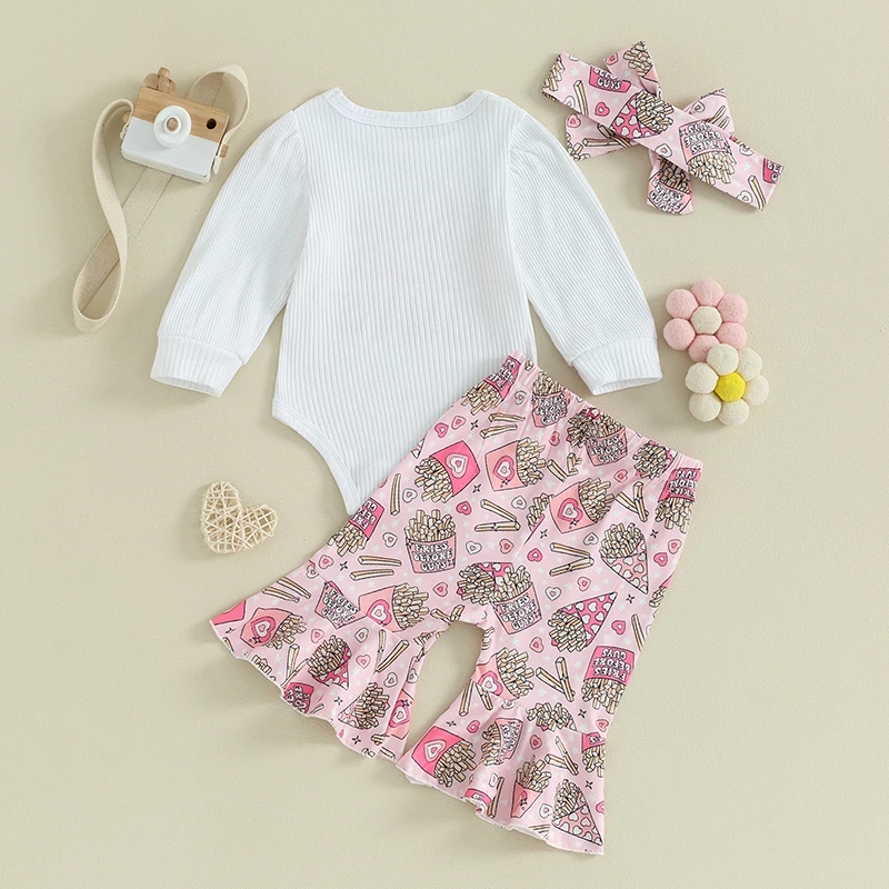 

Baby Girls Valentine s Day Outfits Letter Print Long Sleeve Rompers Heart Chips Print Flare Pants Headband 3Pcs Clothes Set