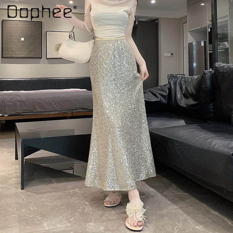 

Sequined Shiny Fishtail Skirt Ladies 2024 Spring New Women's High Waist Slimming All-Matching Drape A- Line Sheath Midi Skirts