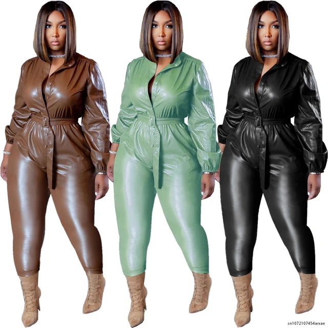 Women Sexy Faux Leather Latex Jumpsuits Srping Fall Sexy Smooth