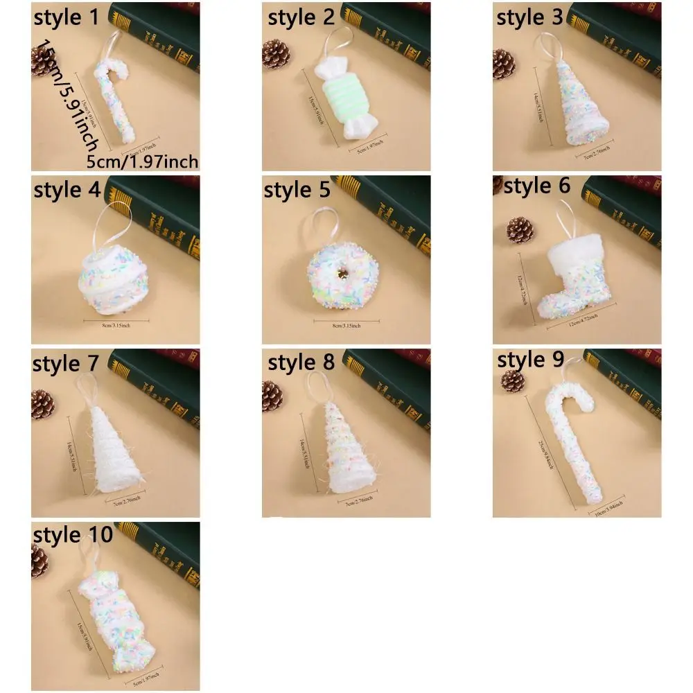 Cute Foam Christmas Hanging Pendant Flocking White Xmas Tree Decor DIY Candy Cane Ornament New Year
