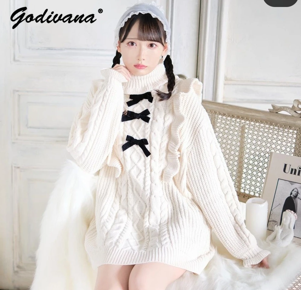 

Lolita Sweet Turtleneck Bow Loose Pullover Sweater Women Autumn and Winter New Long Sleeve Twist Mid-Length Knit Sweaters
