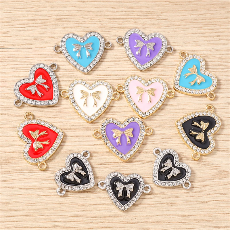 10 Stück 28 x 20 mm niedliche Emaille-Bowknot-Herz-Charms-Anschlüsse für Schmuckherstellung, DIY-Armbänder, Halsketten, handgefertigtes Bastelzubehör